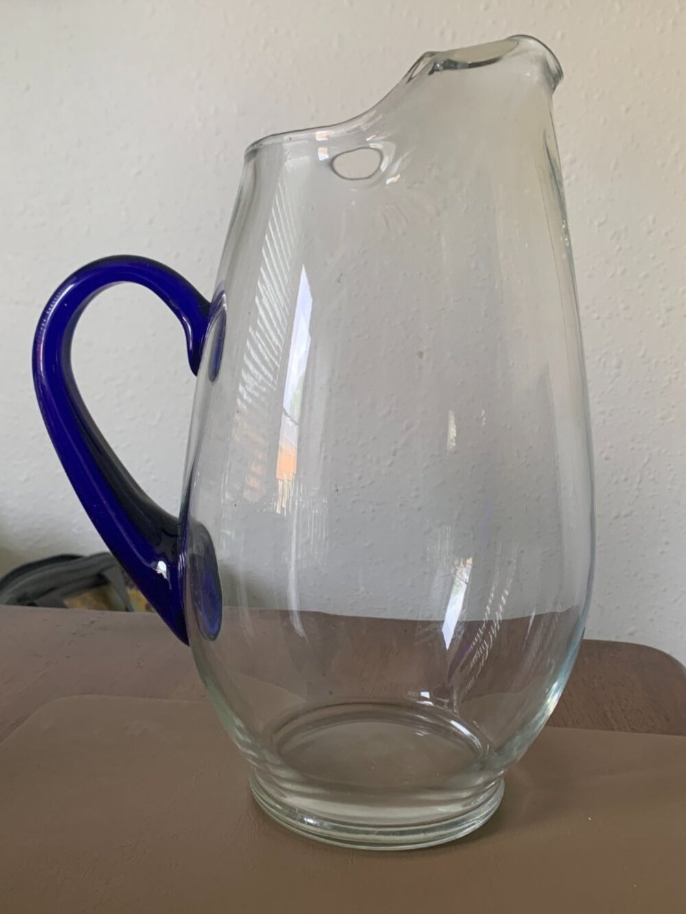 Hand Blown Clear Glass Pitcher Cobalt Blue Applied Handle Art Glass Water Carafe